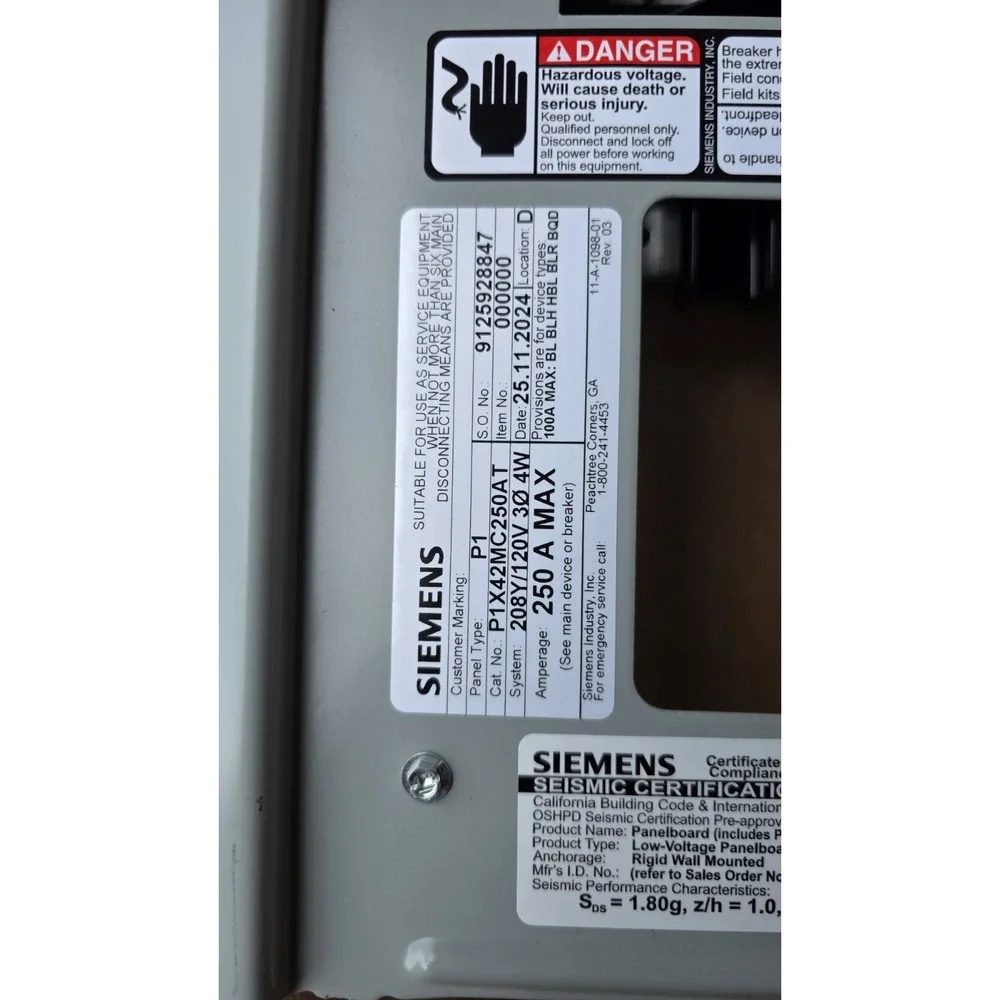 Siemens P1X42MC250AT 250A 42C 3-Phase Aluminum Bus Panelboard